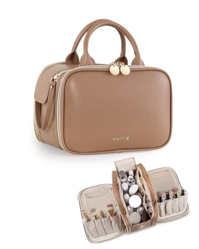 Prite Large Makeup Bag, Waterproof Travel Cosmetic Case with Brush Holder - color: Brown, size: Large