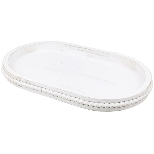 Hrastany Whitewashed Oval Wood Coffee Table Serving Tray with Beads for Ottoman - color: Oval Whitewashed, size: 15" x 9" x 1.2"