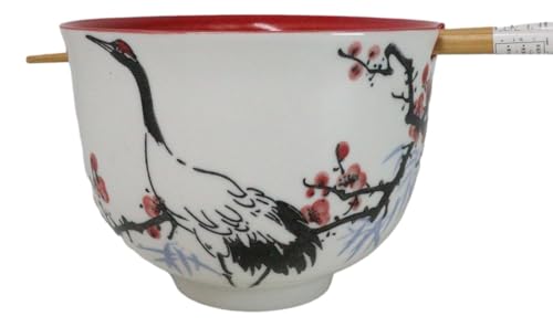 Ebros Gift Artistic Donburi Ramen Udon Noodles Soup Salad 5" D 18Oz Bowl With Bamboo Chopsticks And Built In Rest Set Asian Dining Kitchen Accent (White Japanese Crane On Cherry Blossoms) - color: White Japanese Crane On Cherry Blossoms