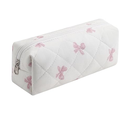 Cute Floral Cotton Makeup Brush Cosmetic Bag for Women, Travel Quilted Zipper Make Up Bag, Flowers Toiletry Organizer Case Kawaii Makeup Cosmetic Travel Cloth Pouch (Pink Bow Tie) - color: 07 Pink Bow Tie