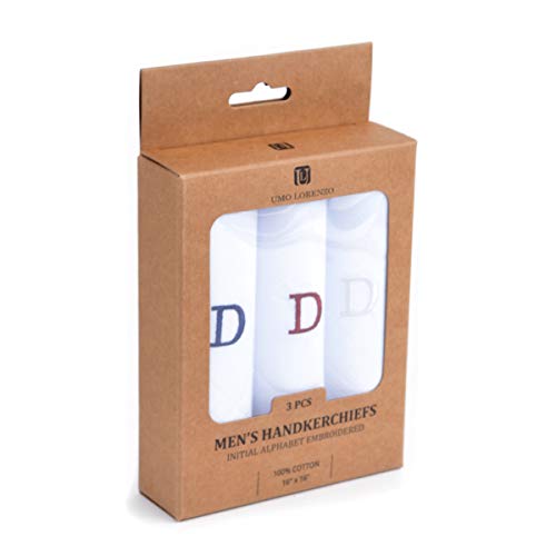 Initial Handkerchief for Men, Monogrammed Boxed 3 Piece Set,100% Cotton - color: D Initial