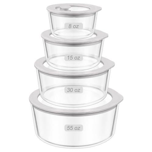Glass Food Containers with Glass Lid, Microwave Safe Food Storage Container, Large 4 Pack Round Shape, Food Containers with Lids, Meal Prep containers with Leak Proof Lid. - color: Grey-4R