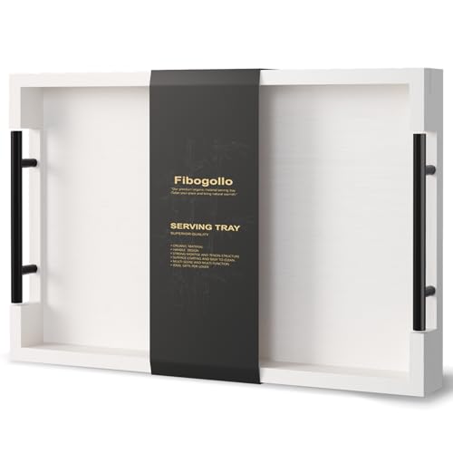 Fibogollo Bamboo Serving Trays with Metal Handles,Medium(White) - style: White-Medium