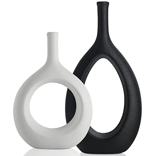 Black and White Ceramic Hollow Elliptical Vase Set of 2 - Boho Circle Vase with Hole, for Modern Black and White Table Decor, Living Room Decor Shelf mid Century Modern Home Entrance Decorative vase - color: Big Black Little White