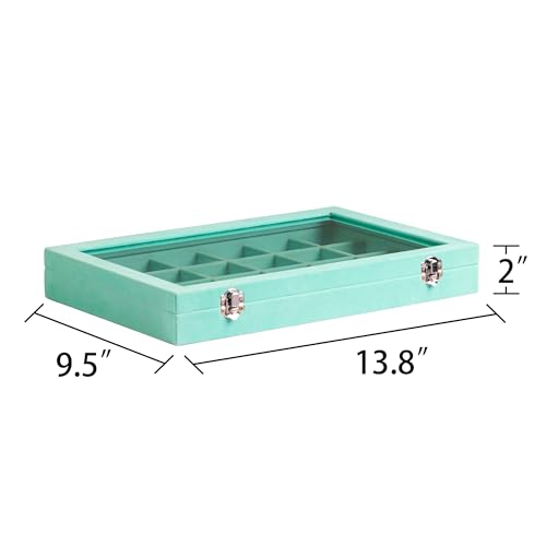 Frebeauty 24 Grid Earring Organizer,Velvet Jewelry Tray with Clear Lid - color: Turquoise, size: 24 Grid