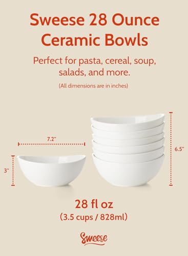 Sweese 28 oz Large White Porcelain Bowls - Set of 6 Salad, Pasta, Soup & Serving Bowls, Big Ceramic Dinner Bowls - color: White, style: Large (28 oz)