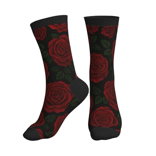 Crew Athletic Socks Funny Crazy Casual Sports Novelty Dress Socks for Women Men Running Hiking - color: Red Rose Flower