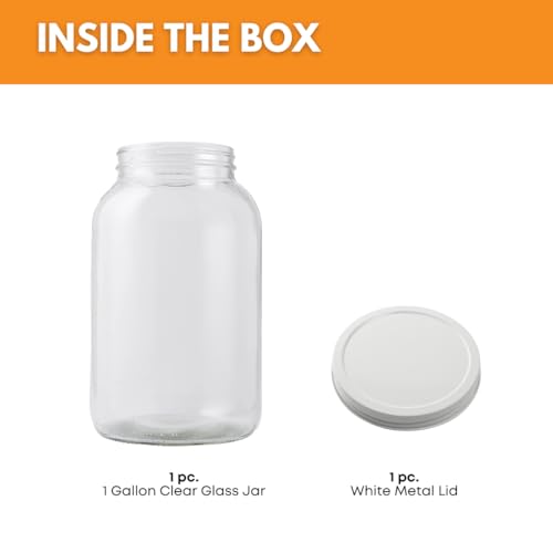 1 Gallon Glass Jar with Lid | Wide Mouth Container with White Metal Cap - size: 1 Pack