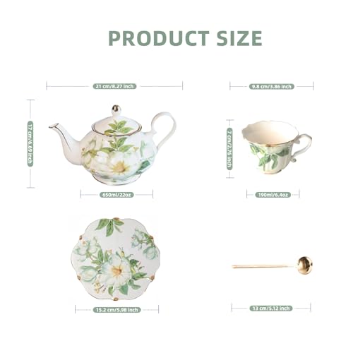 Vintage Porcelain Floral Tea Set — 22oz Teapot + 2 Tea Cup & Saucer Sets + 2 Gold Spoons | Porcelain Teapot and Cup Set, Tea for One/Tea Party Set (Green)