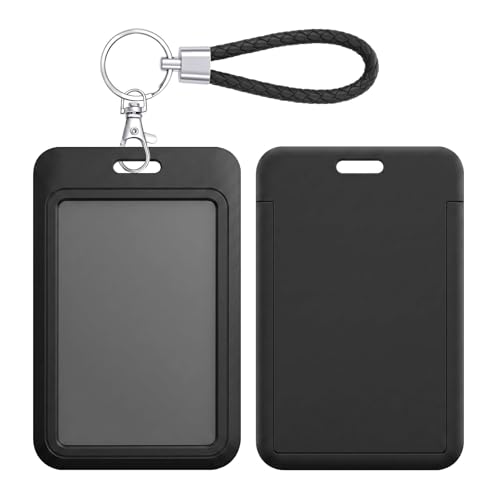 ID Card Badge Holder Key Chain with Metal Keyring, Plastic Slide Open with ID Window for Women Men Girls Students - color: Pure Black