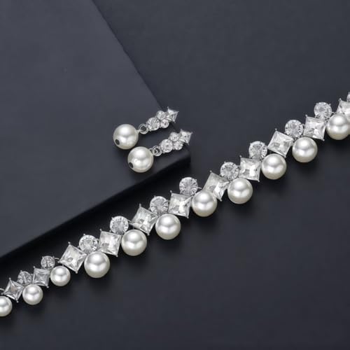 Pearl Bride Wedding Jewelry Set Faux Pearls Crystal Rhinestone Necklace Earrings Bracelet Sets for Women Bridesmaid(3 PCS) - color: Silver - White Pearl