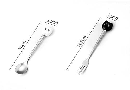 Cute Cat Coffee Spoon and Fork Set, Ceramic Stainless Steel Cat Dessert spoon Drink Spoons Fruit Fork(5.7 inch, White&Black(Spoon+Fork Set A))
