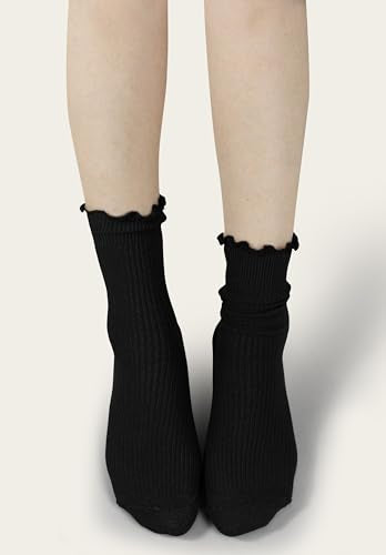 BomKinta Ruffle Socks Women Turn-Cuff Frilly Sock Cotton Crew Socks - color: All Black