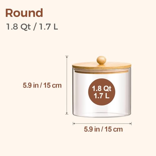 ComSaf Glass Storage Jars with Bamboo Lids 1.8 Qt 2 Pack Large Round - color: 1.8Qt-Round-2 Pack