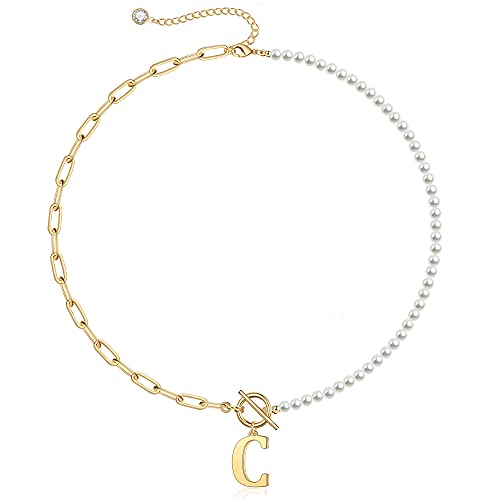 Yoosteel Pearl Initial Necklace for Women, Dainty Pearl Chain Choker Initial Necklaces for Women Toggle Clasp Paperclip Link Chain Necklace Jewelry Gifts - color: Gold, style: C