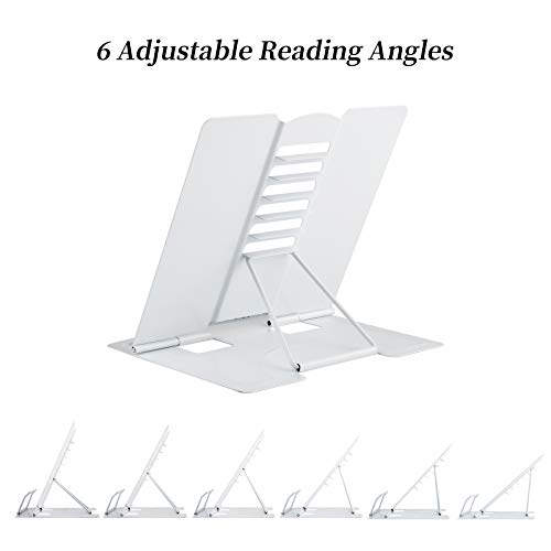 Blizzow Desk Book Stand Holder - Hands Free, Adjustable Metal Stand, Lightweight Foldable Portable - Cookbook, Recipe, Tablet, Music, Documents (White)