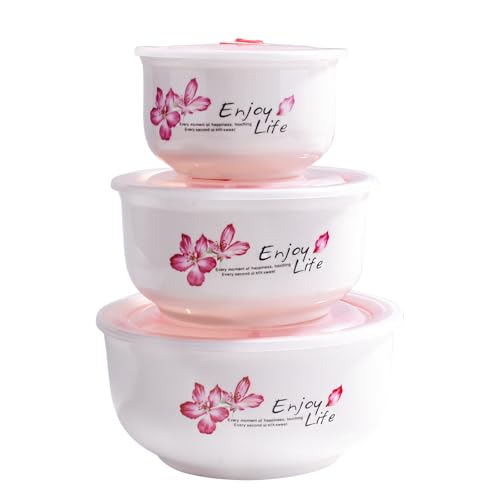 Ceramic Food Storage Bowl with Lids Set of 3, Cherry Blossom Nesting Bowls