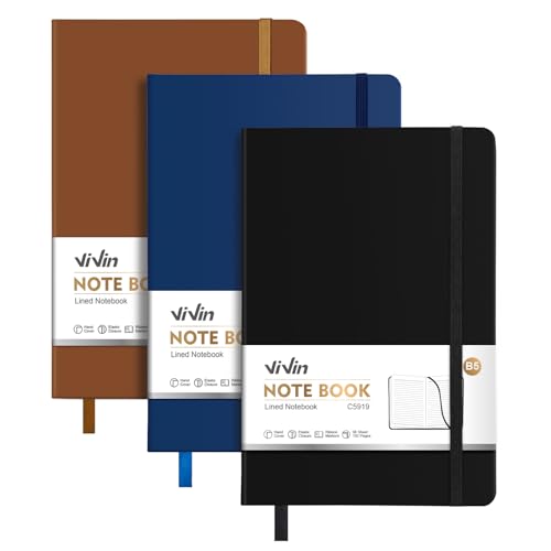 ViVin 3 Pack B5 Hardcover Lined Notebook,6.9x9.8 192 pg College Ruled Leather - color: Black+Navy+Brown, size: B5