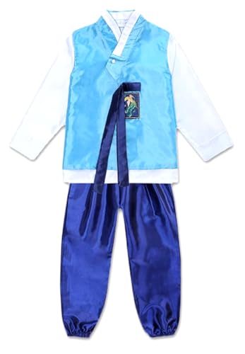 Boys Traditional Korean Dolbok Shirt Top Vest Costume Asian Pants Suit Set Outfit - color: Aqua Blue, size: 10-11 Years