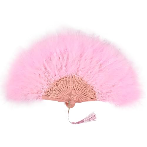 whitefeather Vintage Feather Hand Fan, 17.7 x 11.8 inches, Marabou Feathers, 1920s Style for Costume Parties, Tea Parties - color: Pink-pink Rib