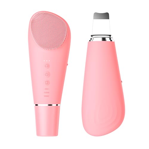 Silicone Face Scrubber Blackhead Scraper Rechargeable 2-in-1 Facial Cleansing Brush & Skin Spatula Duo, IPX7 Waterproof Exfoliating Massager Deep Cleansing for Women and Men(Peachy Pink) - color: Peachy Pink