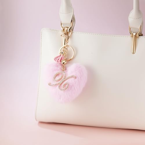 Initial Letter Heart Pom Pom Keychain for Women Pink Soft Fluffy Ball Key Ring for Purse Backpack Handbag - color: X