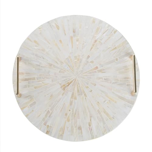 PEMAR Mother of Pearl Decorative Tray, 13" Round with Gold Metal Handles, Vanity/Perfume/Trinket Tray, Catchall for Dresser, Bathroom, Vanity Table (White Sunlight) - color: Cream Starburst
