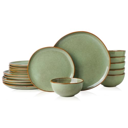 Stoneware Dinnerware Sets for 6, Reactive Glaze Plates and Bowls, Green - color: Green, size: Service for 6-18Pcs
