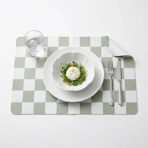 Set of 6 Checkerboard Non-Slip Washable Placemats for Dining Table - color: Sage Green