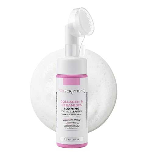SpaScriptions 2 in 1 Cleanse & Exfoliate Foaming Facial Cleanser - Collagen & Ceramides Face Wash with Silicone Brush for Dry Skin with Barrier Support with Peptides for Daily Cleansing, 5 oz - size: 5 Fl Oz (Pack of 1)