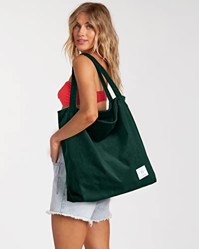 KALIDI Women Corduroy Tote Bag Zipper Casual Tote's Handbag Big Capacity Shoulder Bag with Pockets - color: Dark Green