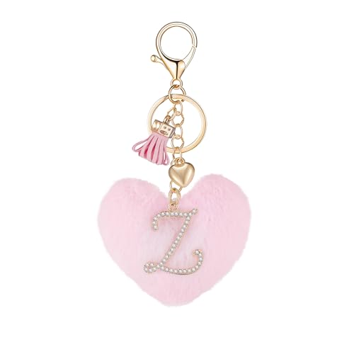 Initial Letter Heart Pom Pom Keychain for Women Pink Soft Fluffy Ball Key Ring for Purse Backpack Handbag - color: Z