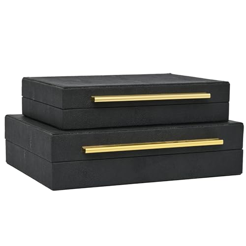DECOR4SEASON Faux Shagreen Leather Jewelry Boxes Set of 2 with Gold Handles - color: Black, size: M