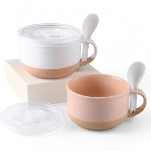 GBhome Ceramic Soup Mugs with Handles and Lids,24 OZ Soup Cups Set of 2 - color: White & Orange