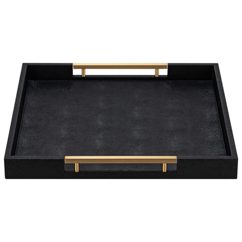 Black Faux Leather Decorative Serving Tray with Handles – Large Square for Coffee Table, Ottoman, Living Room & Bathroom Home Decor - color: Black, size: 20" x 20" x 2"