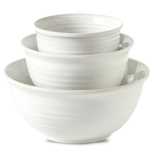 HASENSE Ceramic Mixing Bowls Set, 2.1/1.0/0.5 Qt, Handmade Salad Serving Bowls for Kitchen, Deep Nesting Dishes for Storage and Baking, Microwave Dishwasher Safe, Clay-Infused White - color: Clay-Infused White, size: 20+40+84 Ounce