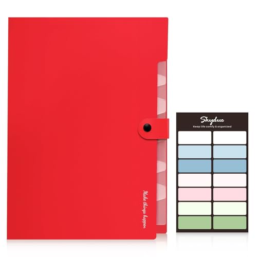SKYDUE 8 Pockets Expanding File Organizer, Expandable File Folders with Pockets, Portable Document Paper Organizer, A4 Letter Size Filing Folder, Snap Closure, Red - color: Red-cm