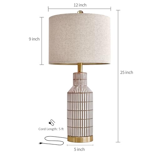 USumkky 25" Table Lamps Set of 2, Modern Ceramic Bedside Lamps - Farmhouse Brown Nightstand Lamps for Bedroom, Boho Living Room End Table & Office Desk Decor - color: Brown White