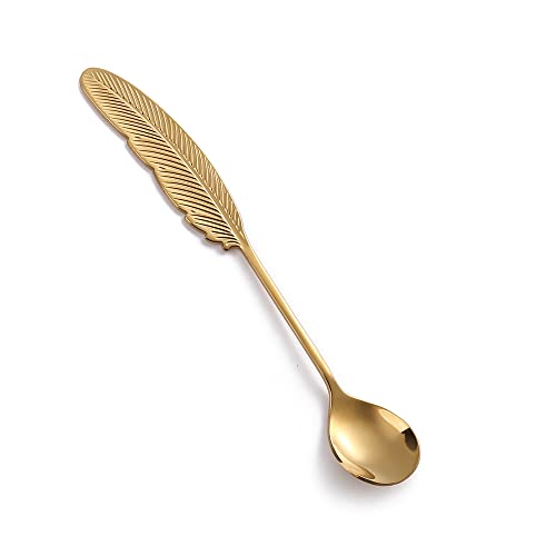 10 Pieces Dessert Spoons Stainless Steel, Cute Gold Teaspoons Set, Espresso Spoons for Coffee Tea Ice Cream Cake Pudding Dessert Condiment, Coffee bar Stirring Spoons, Feather Shape 6.1 inch - size: Gold