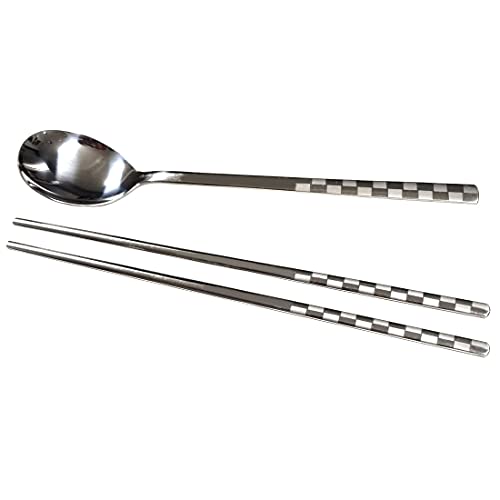 GARASANI Korean Traditional Cutlery Stainless Steel Spoons and Chopsticks Set (Silver Check) - color: Silver Check