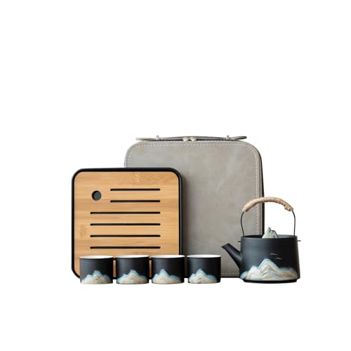 Chinese Tea Set – Black Porcelain Gongfu Teapot with 4 Black Cups & Tea Tray & Tea Strainer, Travel Tea Set with Carrying Case for Tea Ceremony, Daily Tea Ritual, Asian Style Gift - color: Black Teapot & 4 White Teacups