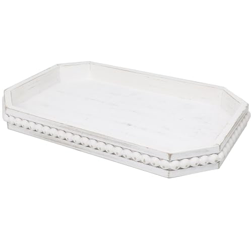 Hrastany Whitewashed Wood Serving Tray with Beads, Farmhouse Decorative Tray for Table Centerpiece, Christmas Wedding Halloween Home Decor - color: Whitewashed-c8, size: 15.7" x 10.2" x 1.6"