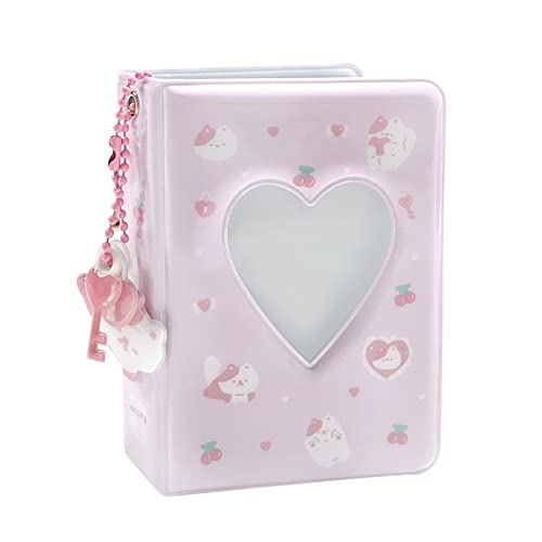 3 Inch Mini Photo Album, Heart Hollow Card Binder Photo Card Holder with Pendant 40 Pockets (pink white cat) - style: pink white cat