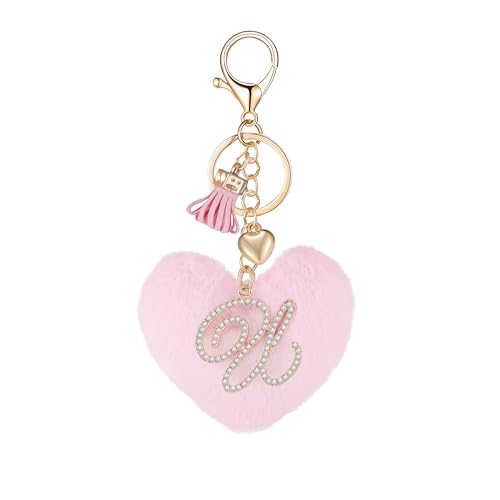 Initial Letter Heart Pom Pom Keychain for Women Pink Soft Fluffy Ball Key Ring for Purse Backpack Handbag - color: U