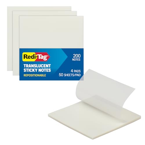 Redi-Tag Translucent Sticky Notes, Transparent Self-Stick Notes, 3" x 3", 4 Pads, 50 Notes Per Pad, 200 Sheets (1006596) - color: Transparent