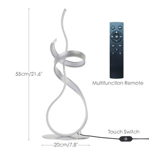 24W Modern 3Color Table Lamp with LED Spiral Design, 22“ Tall Silver Bedside Light & Nightstand Lamp, Touch Dimmable with 3 Colors & Remote Control for Bedroom, Living Room, Home Office (Silver) - color: Silver