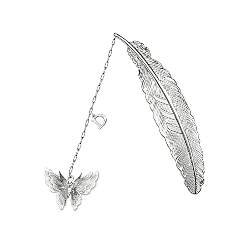 Initial Letter and Butterfly Charm Metal Feather Bookmark (Silver-D) - style: Silver-D