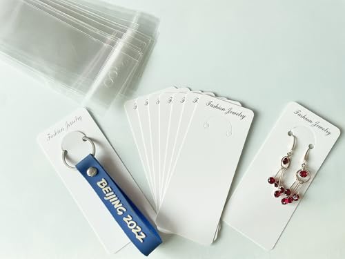 100 Set Keychain Display Cards with Bags,Jewelry Packaging Blank Hanging Cards for Selling - color: White-letter
