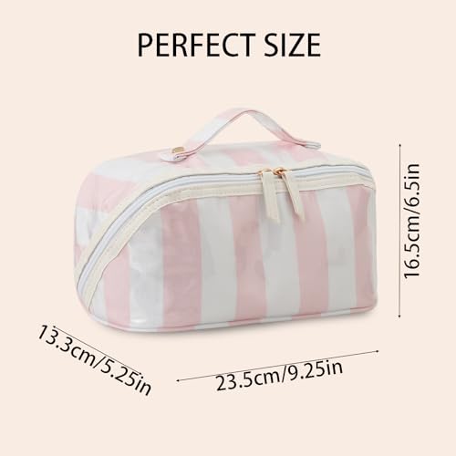 DYSHAYEN Travel Makeup Bag, White and Pink Striped - color: White-Pink