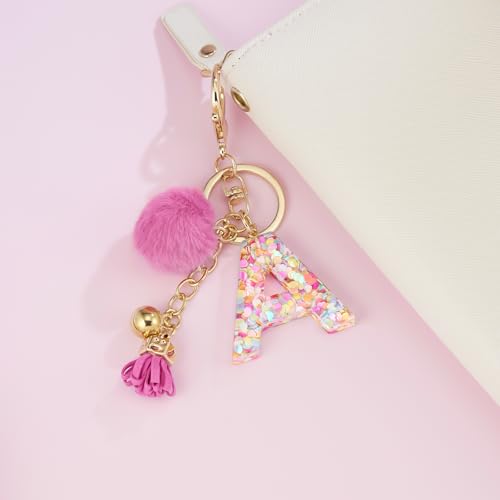 Resin Alphabet Initial Letter Keychain Keyring for Women Purse Handbags With Fur Ball Pom - color: Deep Pink Fur Ball Letter a